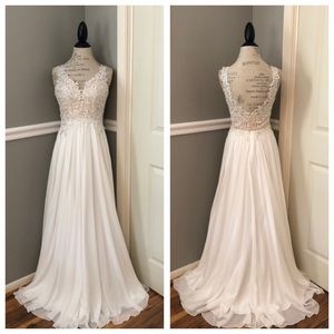 NEW ABBY PARIS SZ 2 IVORY NUDE ILLUSION BEADED LACE CHIFFON FORMAL EVENING GOWN